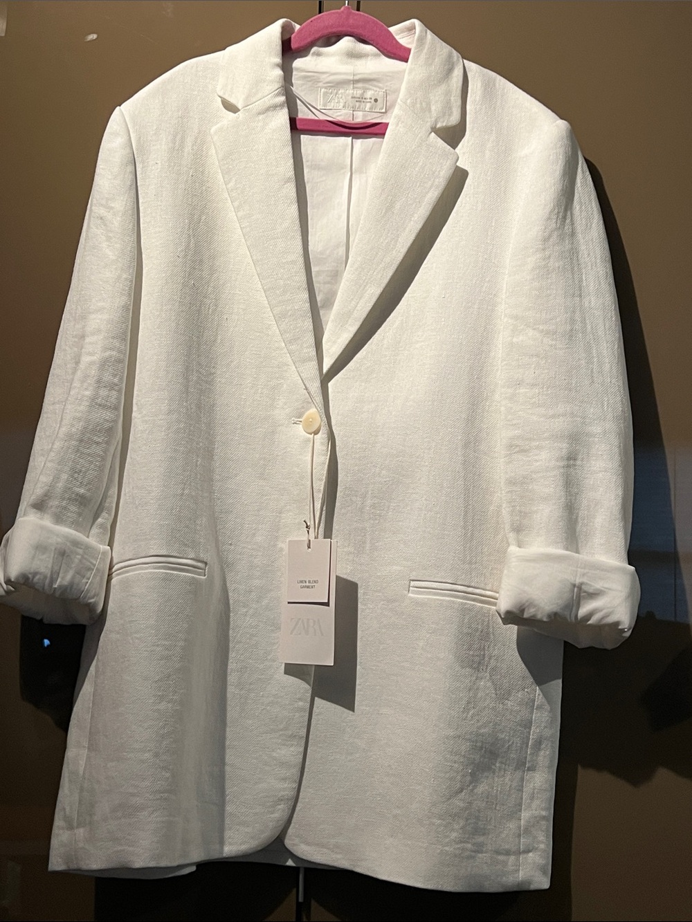 ZARA White Linen-Blend Single-Button Blazer